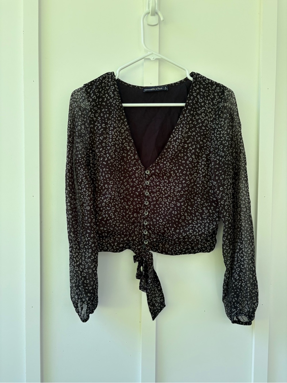 Abercrombie & Fitch Black Sheer Leopard-Print Tie-Front Blouse